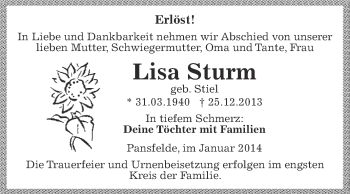 Traueranzeige von Lisa Sturm von Wochenspiegel Mansfelder Land
