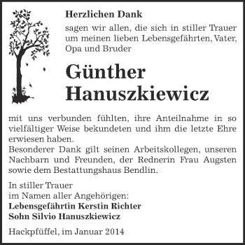 Traueranzeige von Günther Hanuszkiewicz von Super Sonntag SGH Mansf. Land
