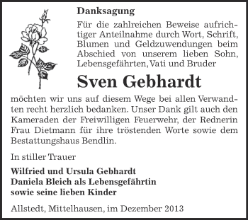 Traueranzeige von Sven Gebhardt von Super Sonntag SGH Mansf. Land