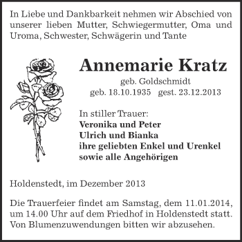 Traueranzeige von Annemarie Kratz von Super Sonntag SGH Mansf. Land