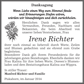 Traueranzeige von Irene Richter von Wochenspiegel Mansfelder Land