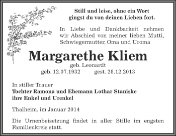 Traueranzeige von Margarethe Kliem von WVG - Wochenspiegel Bitterfeld