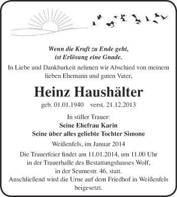 Traueranzeige von Heinz Haushälter von WVG - Wochenspiegel NMB / WSF / ZTZ