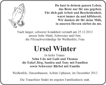Traueranzeige von Ursel Winter von WVG - Wochenspiegel NMB / WSF / ZTZ