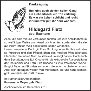 Traueranzeige von Hildegard Fietz von WVG - Wochenspiegel Aschersleben