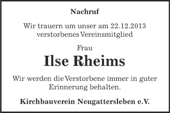 Traueranzeige von Ilse Rheims von Super Sonntag Bernburg