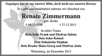 Traueranzeige von Renate Zimmermann von Super Sonntag Wittenberg