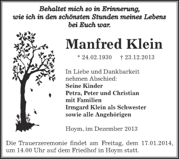Traueranzeige von Manfred Klein von WVG - Wochenspiegel Aschersleben