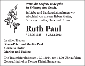 Traueranzeige von Ruth Paul von Super Sonntag Dessau / Köthen