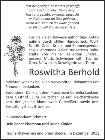 Traueranzeige von Roswitha Berhold von WVG - Wochenspiegel NMB / WSF / ZTZ