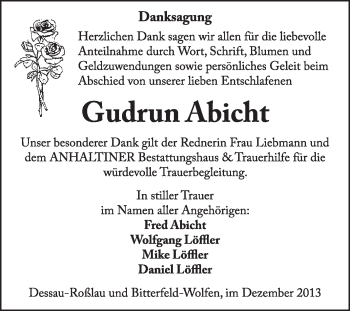 Traueranzeige von Gudrun Abicht von Super Sonntag Dessau / Köthen