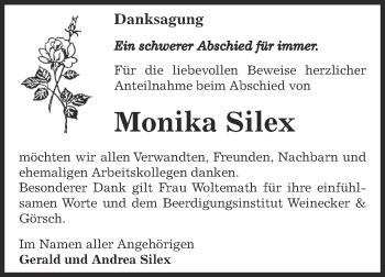 Traueranzeige von Monika Silex von Super Sonntag Bernburg
