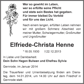 Traueranzeige von Elfriede-Christa Henne von Super Sonntag Quedlinburg