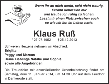 Traueranzeige von Klaus Ruß von WVG - Wochenspiegel Quedlinburg