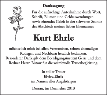 Traueranzeige von Kurt Ehrle von Super Sonntag Dessau / Köthen