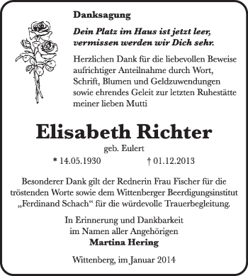 Traueranzeige von Elisabeth Richter von WVG - Wochenspiegel Wittenberg