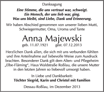 Traueranzeige von Anna Majewski von Super Sonntag Dessau / Köthen