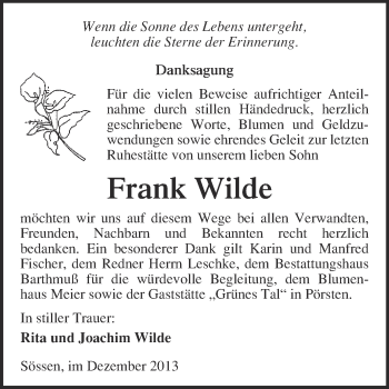 Traueranzeige von Frank Wilde von WVG - Wochenspiegel Merseburg
