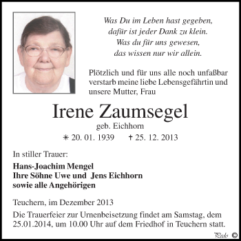 Traueranzeige von Irene Zaumsegel von Super Sonntag Zeitz