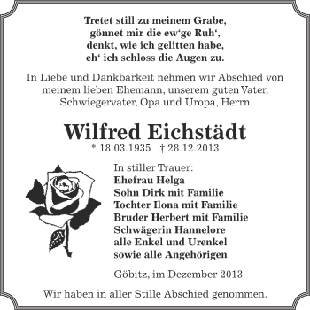 Traueranzeige von Wilfred Eichstädt von Super Sonntag Zeitz