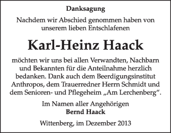Traueranzeige von Karl-Heinz Haack von Super Sonntag Wittenberg
