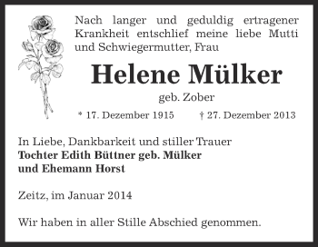 Traueranzeige von Helene Mülker von Super Sonntag Zeitz