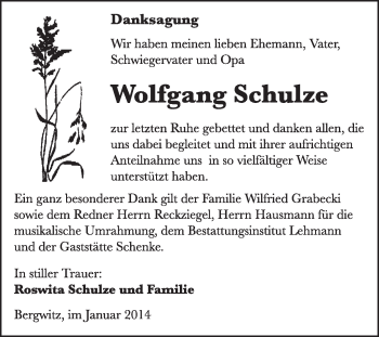 Traueranzeige von Wolfgang Schulze von WVG - Wochenspiegel Wittenberg