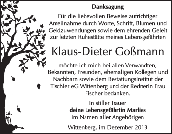 Traueranzeige von Klaus-Dieter Goßmann von WVG - Wochenspiegel Wittenberg
