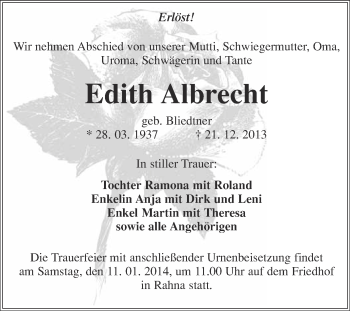 Traueranzeige von Edith Albrecht von WVG - Wochenspiegel NMB / WSF / ZTZ
