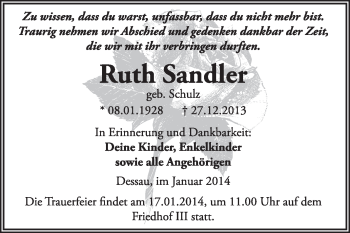 Traueranzeige von Ruth Sandler von Super Sonntag Dessau / Köthen