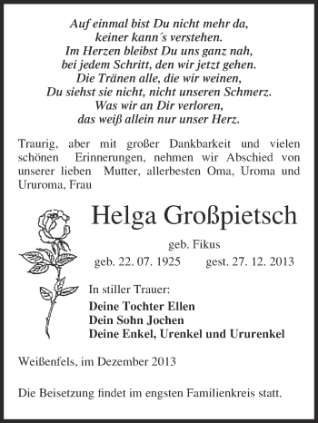 Traueranzeige von Helga Großpietsch von Super Sonntag Merseburg