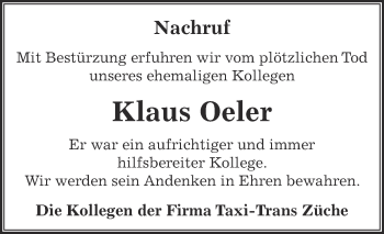 Traueranzeige von Klaus Oeler von Super Sonntag Zeitz