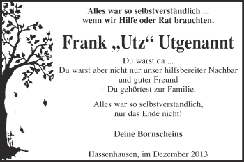 Traueranzeige von Frank Utgenannt von WVG - Wochenspiegel NMB / WSF / ZTZ