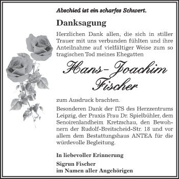 Traueranzeige von Hans-Joachim Fischer von Super Sonntag Zeitz