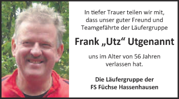 Traueranzeige von Frank Utgenannt von WVG - Wochenspiegel NMB / WSF / ZTZ