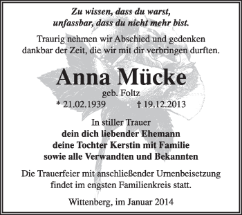 Traueranzeige von Anna Mücke von WVG - Wochenspiegel Wittenberg