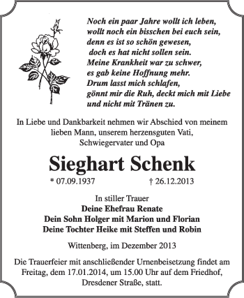 Traueranzeige von Sieghart Schenk von WVG - Wochenspiegel Wittenberg