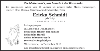 Traueranzeige von Ericka Schmidt von Super Sonntag Zeitz