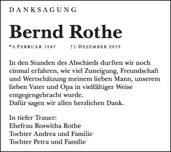 Traueranzeige von Bernd Rothe von Super Sonntag Dessau / Köthen
