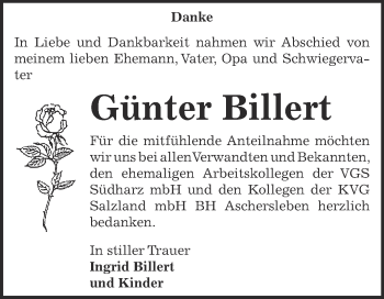 Traueranzeige von Günter Billert von Super Sonntag Aschersleben