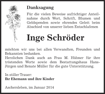 Traueranzeige von Inge Schröder von Super Sonntag Aschersleben