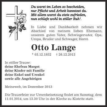 Traueranzeige von Otto Lange von Super Sonntag Zeitz