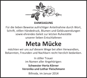 Traueranzeige von Meta Mücke von WVG - Wochenspiegel NMB / WSF / ZTZ