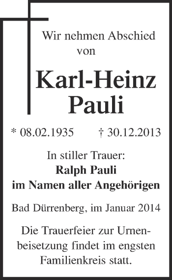 Traueranzeige von Karl-Heinz Pauli von Super Sonntag Merseburg
