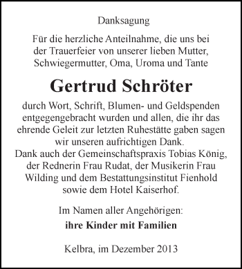Traueranzeige von Gertrud Schröter von Super Sonntag SGH Mansf. Land