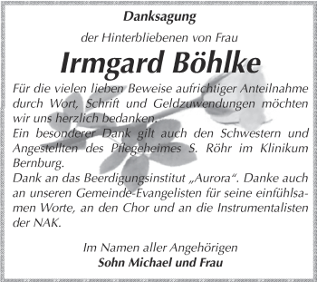 Traueranzeige von Irmgard Böhlke von Super Sonntag Bernburg
