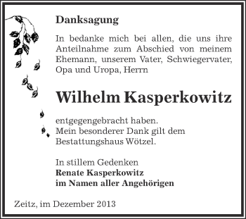 Traueranzeige von Wilhelm Kasperkowitz von Super Sonntag Zeitz