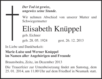 Traueranzeige von Elisabeth Knüppel von WVG - Wochenspiegel Merseburg