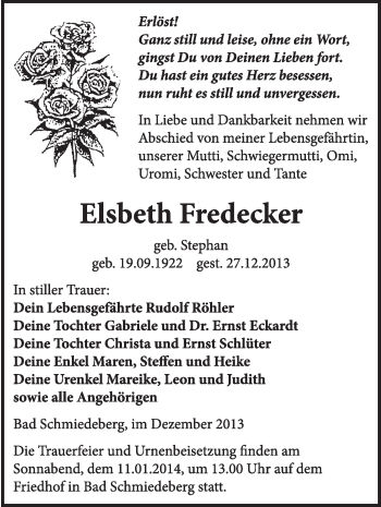 Traueranzeige von Elsbeth Fredecker von WVG - Wochenspiegel Wittenberg
