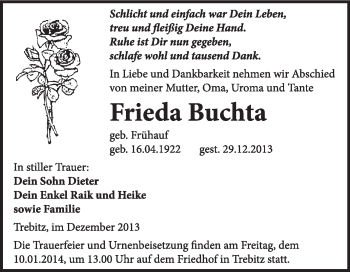 Traueranzeige von Frieda Buchta von WVG - Wochenspiegel Wittenberg